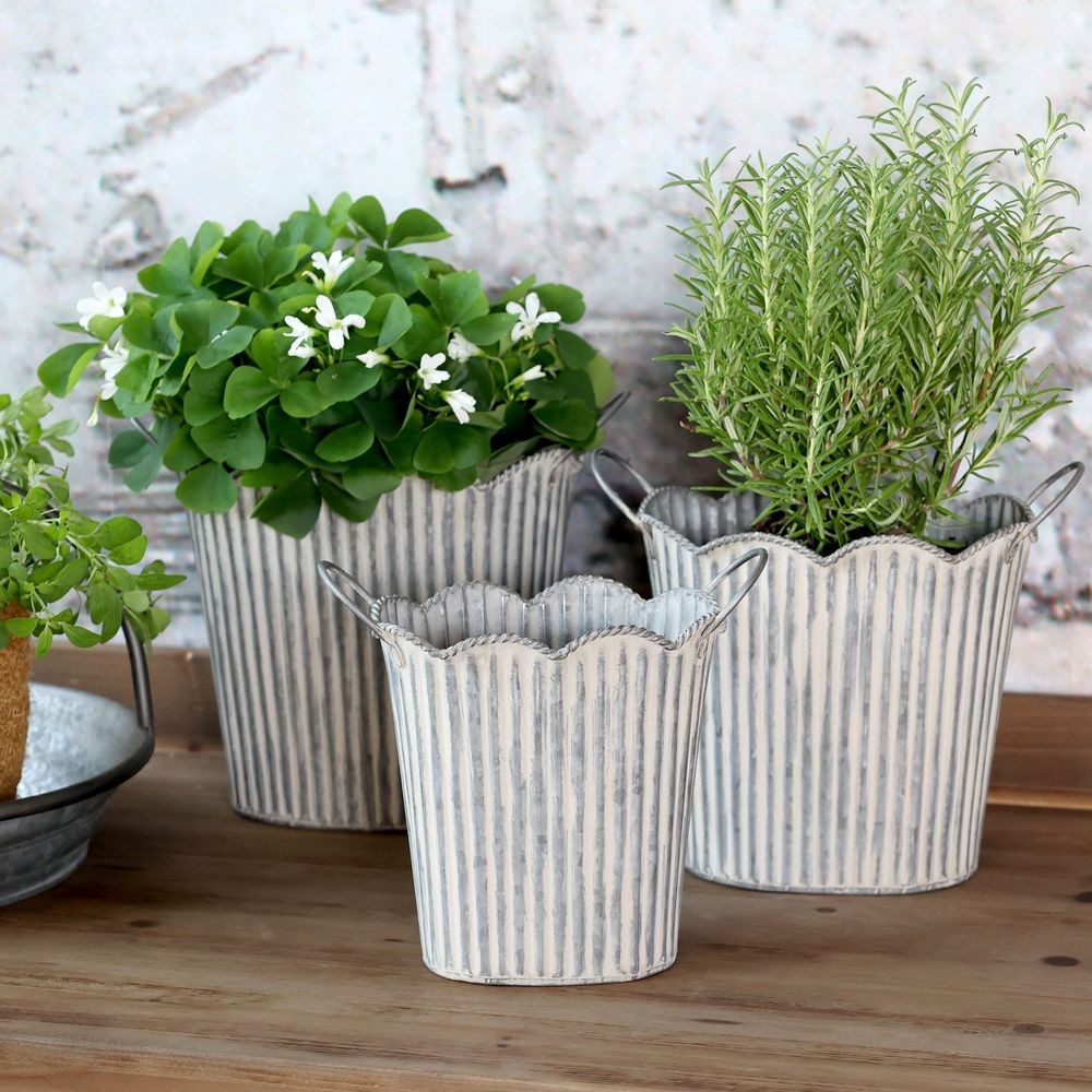 3ks dekorační plechový antik květináč s drážkami French Chic - 32*19/26*17 cm