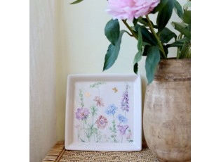 Krémový antik keramický podnos s květy Papillon Blossom - 21*21*2 cm