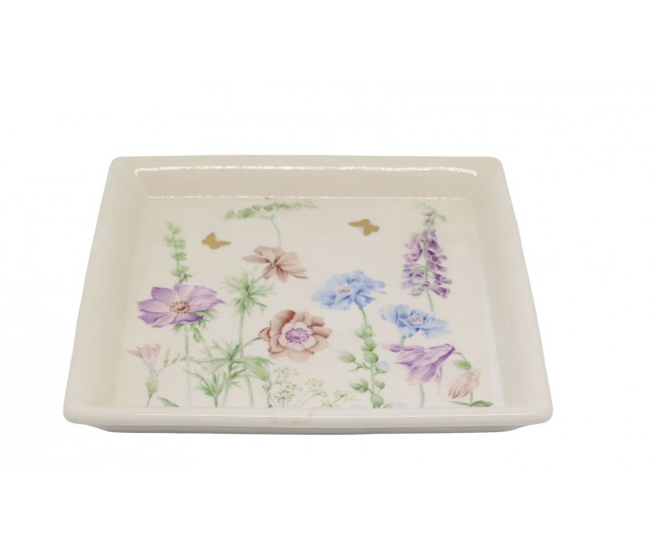 Krémový antik keramický podnos s květy Papillon Blossom - 21*21*2 cm Chic Antique