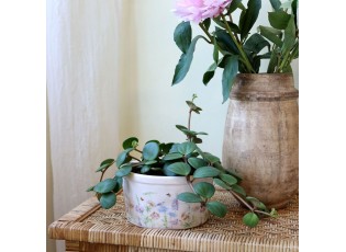 Krémový antik keramický kvetináč s květy Papillon Blossom - Ø 16*9 cm