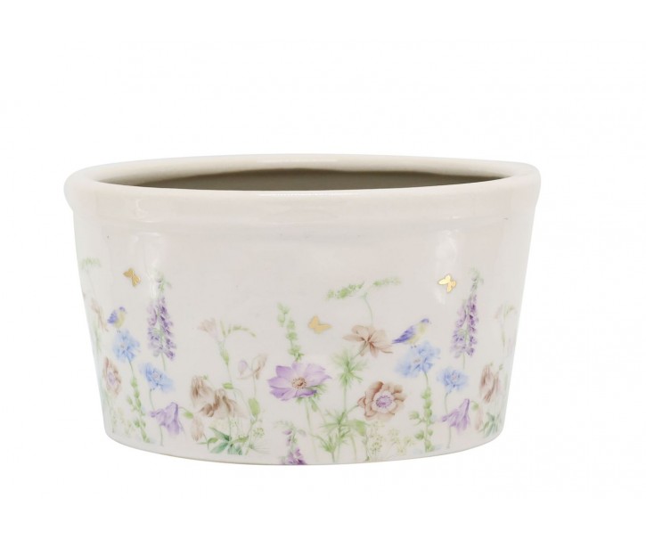 Krémový antik keramický kvetináč s květy Papillon Blossom - Ø 16*9 cm Chic Antique