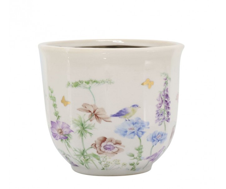 Krémový antik keramický kvetináč s květy Papillon Blossom - Ø 14*12 cm Chic Antique