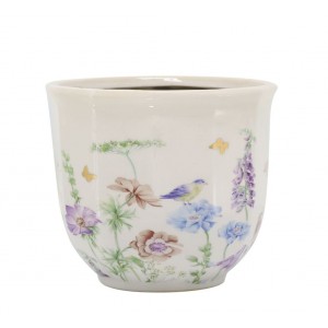 Krémový antik keramický kvetináč s květy Papillon Blossom - Ø 14*12 cm