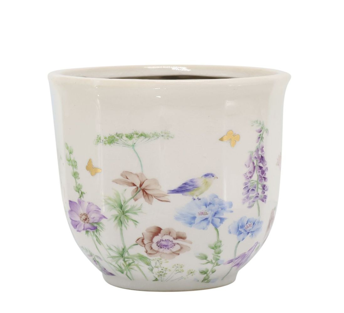 Krémový antik keramický kvetináč s květy Papillon Blossom - Ø 14*12 cm