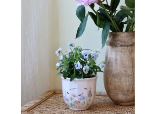 Krémový antik keramický kvetináč s květy Papillon Blossom - Ø 12*10 cm