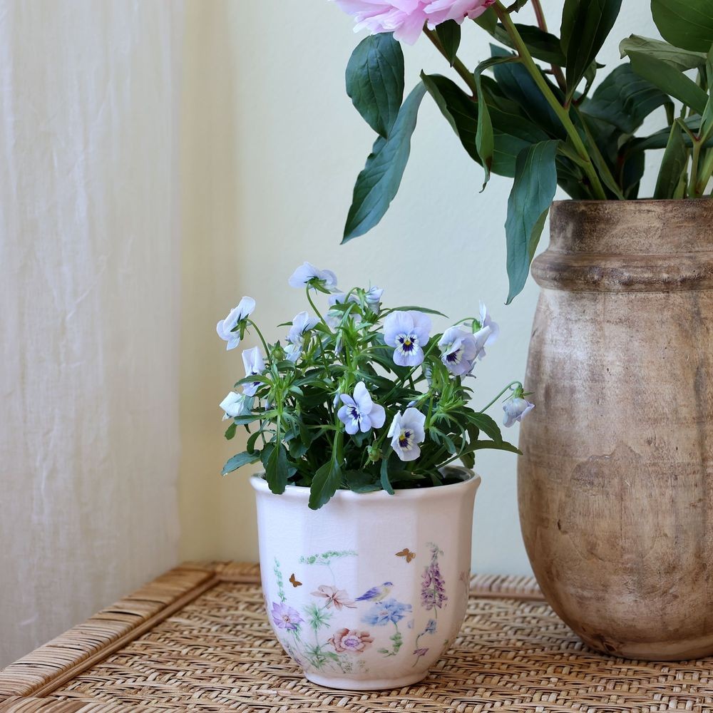 Krémový antik keramický kvetináč s květy Papillon Blossom - Ø 12*10 cm