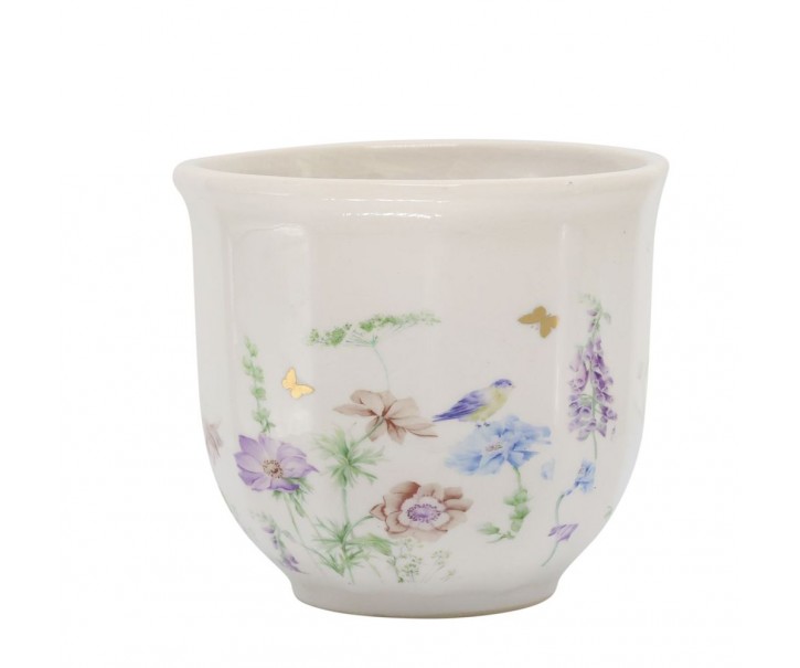 Krémový antik keramický kvetináč s květy Papillon Blossom - Ø 12*10 cm Chic Antique