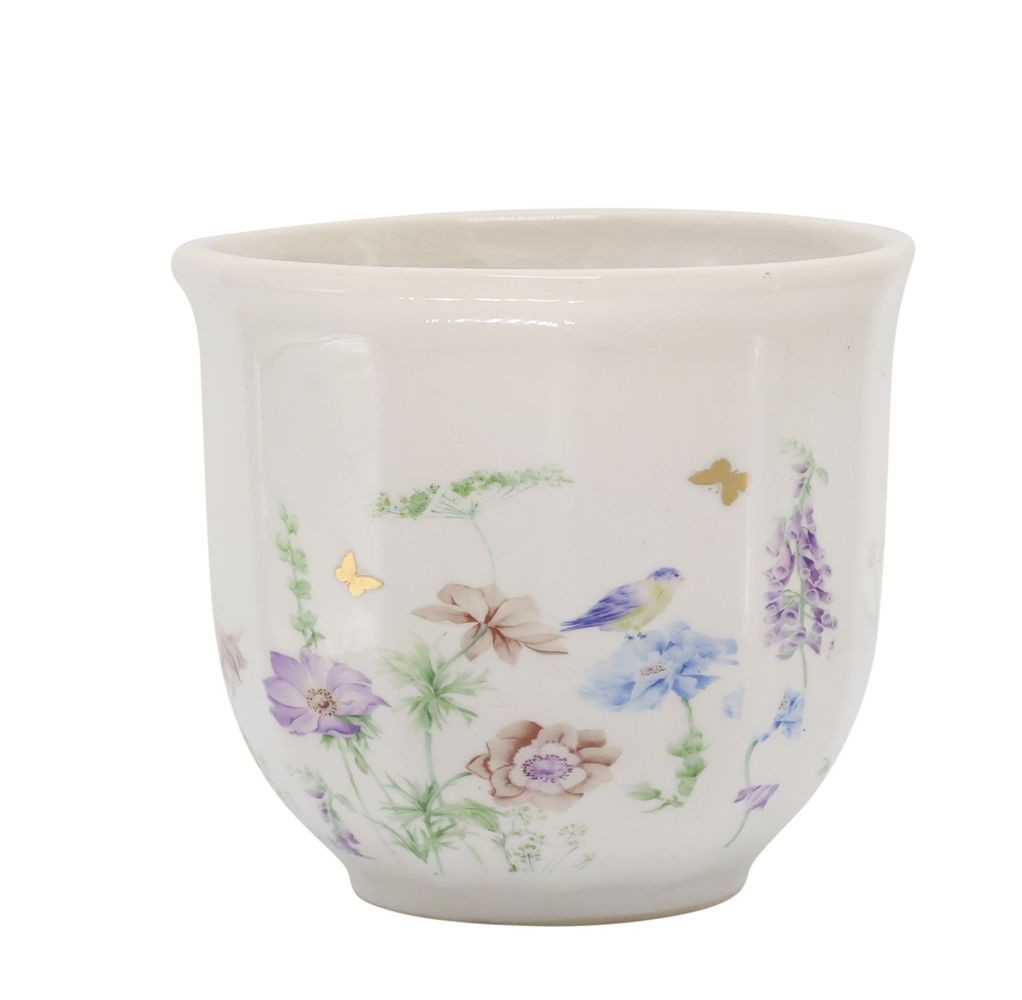 Krémový antik keramický kvetináč s květy Papillon Blossom - Ø 12*10 cm