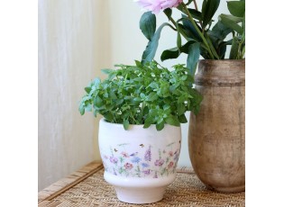 Krémový antik keramický kvetináč s květy Papillon Blossom - Ø 15*14 cm