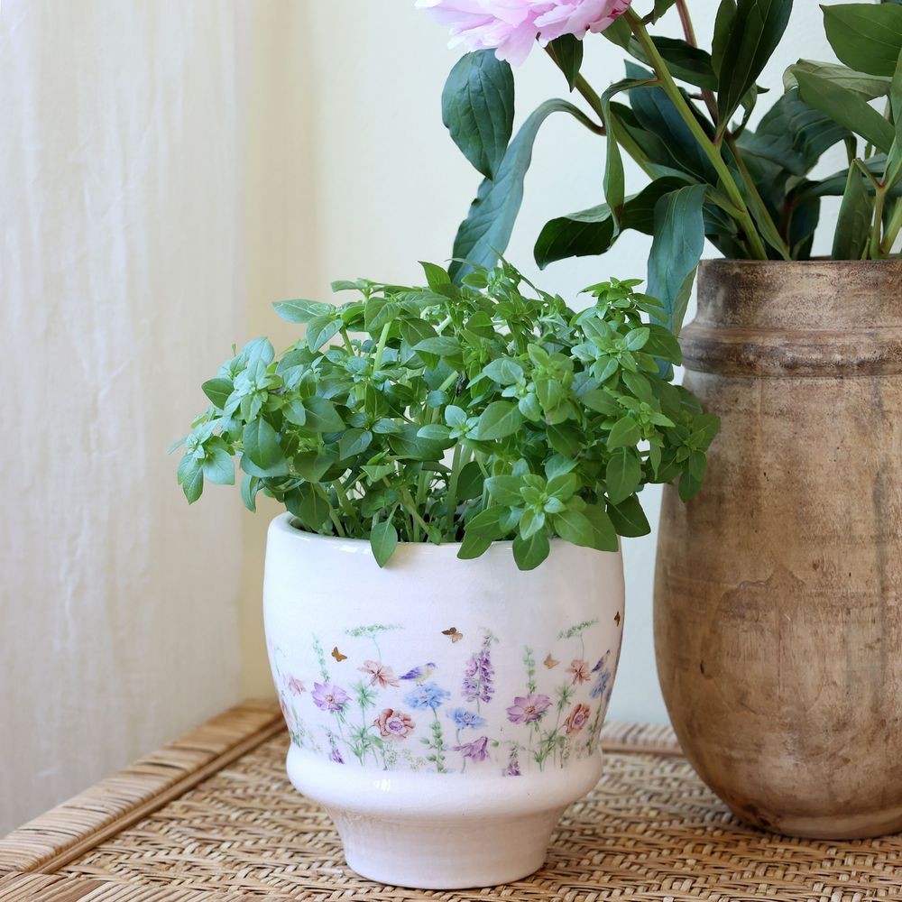 Krémový antik keramický kvetináč s květy Papillon Blossom - Ø 15*14 cm