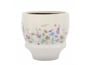 Krémový antik keramický kvetináč s květy Papillon Blossom - Ø 15*14 cm