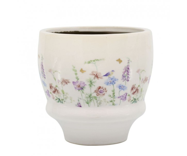 Krémový antik keramický kvetináč s květy Papillon Blossom - Ø 15*14 cm Chic Antique