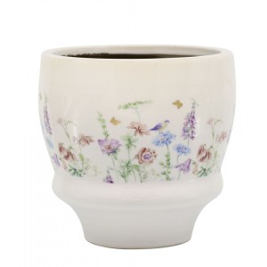 Krémový antik keramický kvetináč s květy Papillon Blossom - Ø 15*14 cm