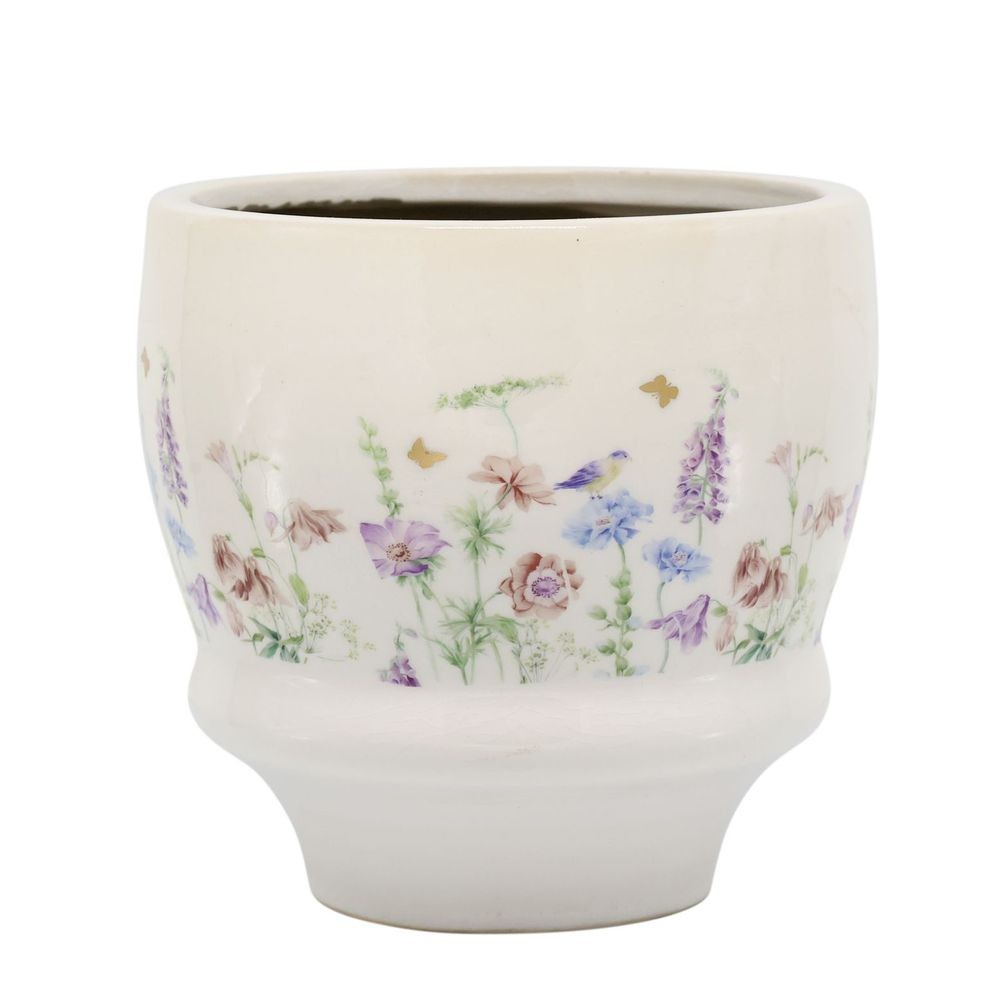 Krémový antik keramický kvetináč s květy Papillon Blossom - Ø 15*14 cm