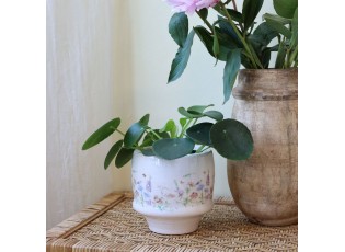 Krémový antik keramický kvetináč s květy Papillon Blossom - Ø 13*12 cm