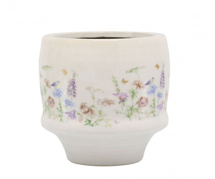 Krémový antik keramický kvetináč s květy Papillon Blossom - Ø 13*12 cm Chic Antique