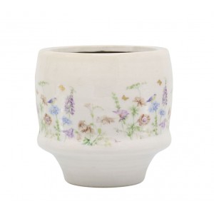 Krémový antik keramický kvetináč s květy Papillon Blossom - Ø 13*12 cm