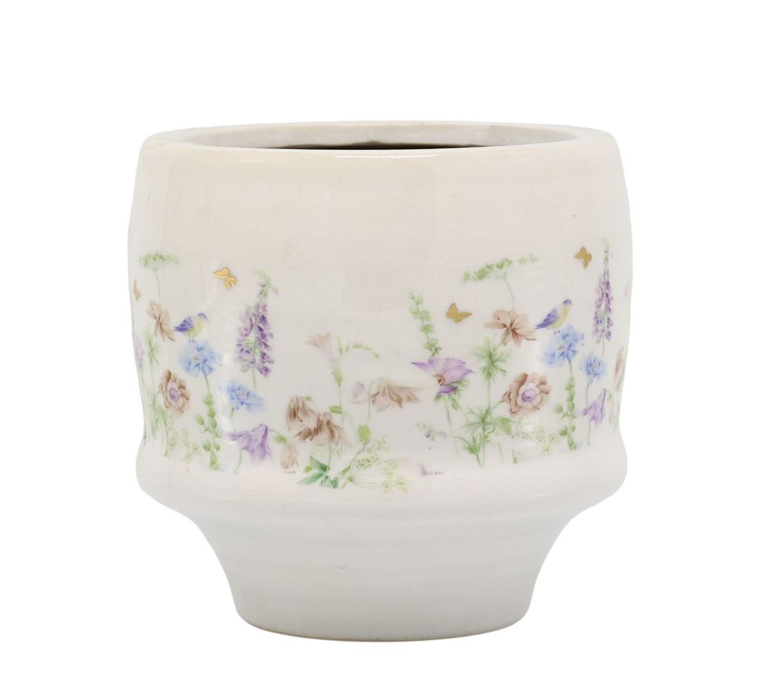 Krémový antik keramický kvetináč s květy Papillon Blossom - Ø 13*12 cm