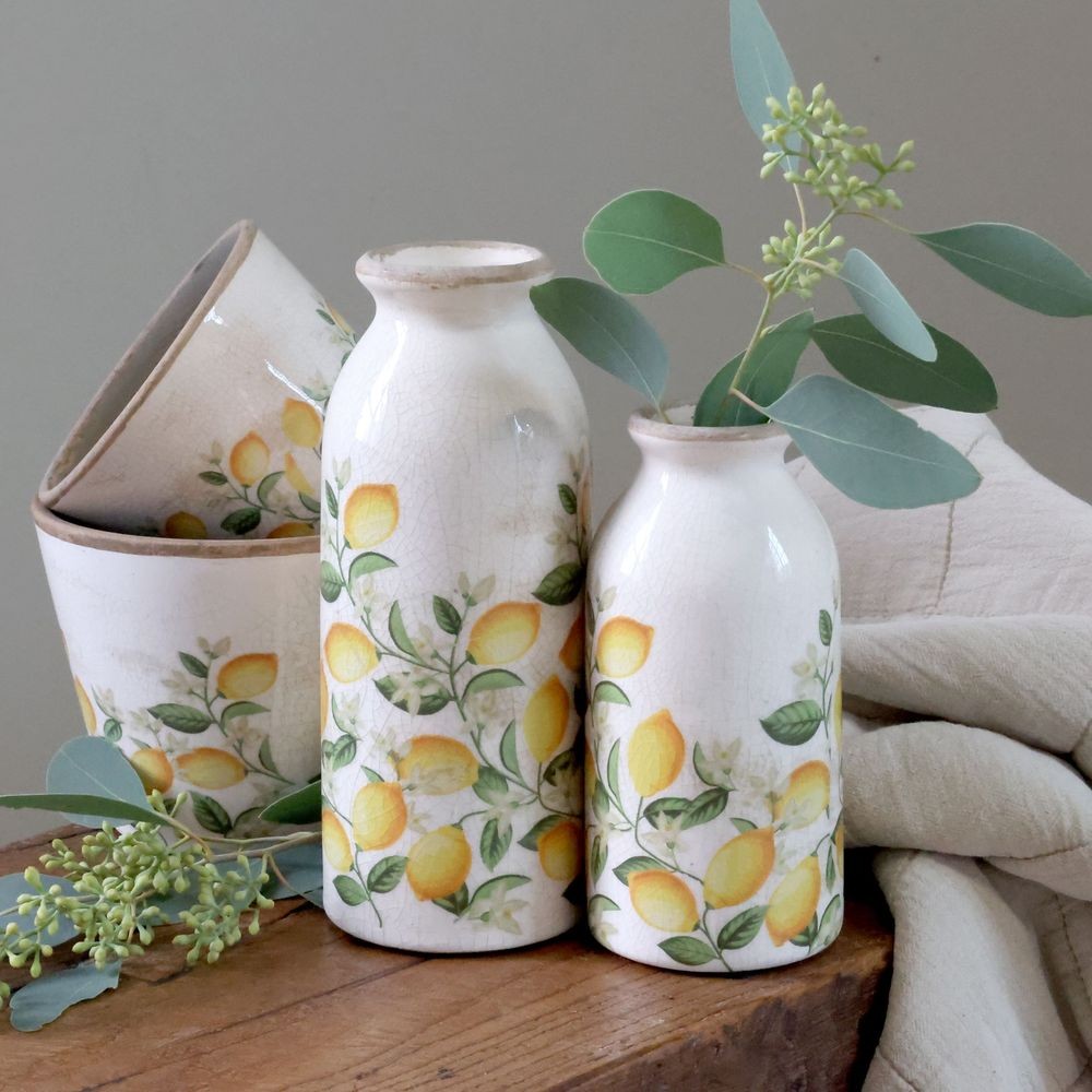 Béžová antik keramická váza s citróny Limone Blossom - Ø 8*20 cm