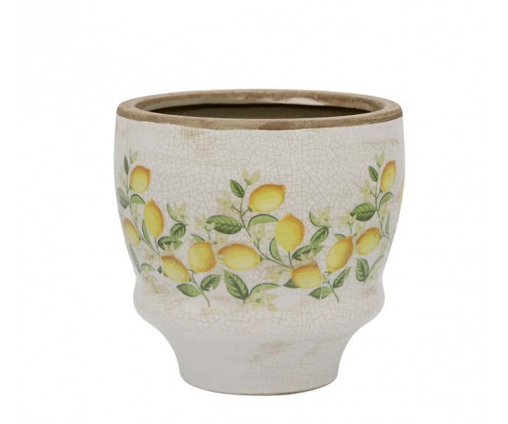 Béžový antik keramický květináč s citróny Limone Blossom - Ø 14*15 cm Chic Antique