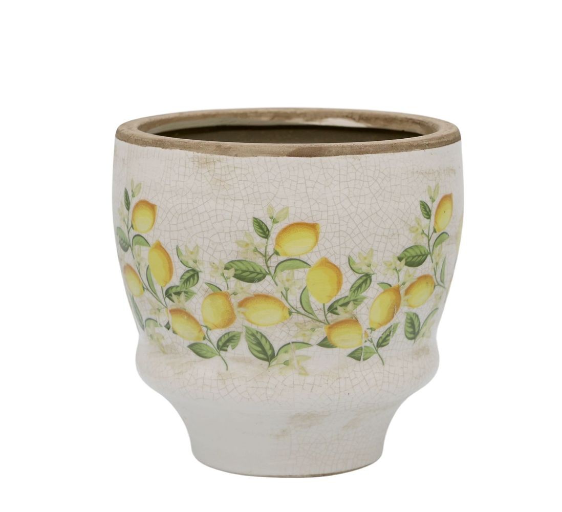 Béžový antik keramický květináč s citróny Limone Blossom - Ø 14*15 cm
