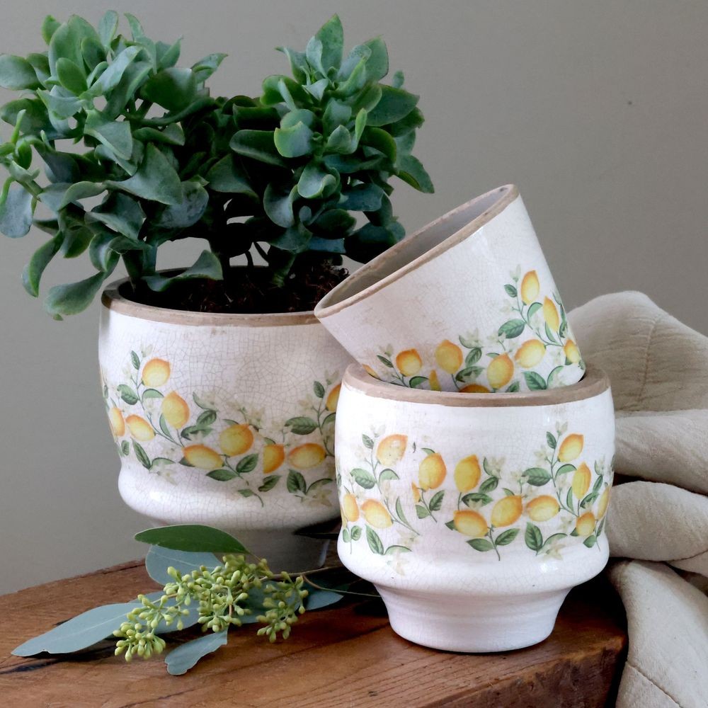 Béžový antik keramický květináč s citróny Limone Blossom - Ø 13*12 cm
