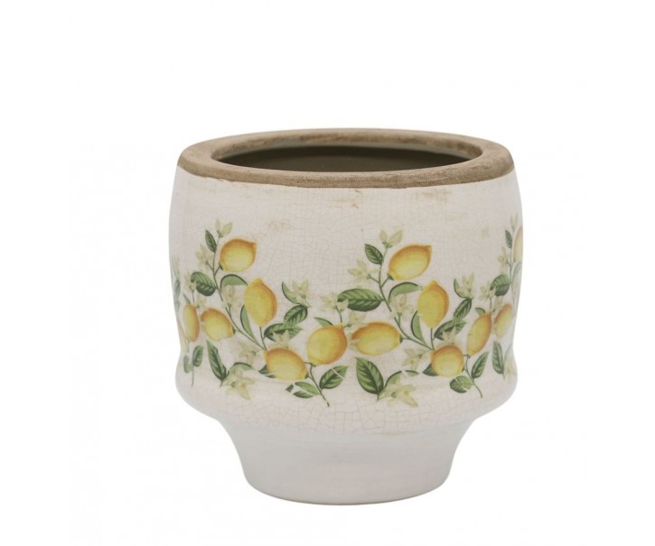 Béžový antik keramický květináč s citróny Limone Blossom - Ø 13*12 cm Chic Antique