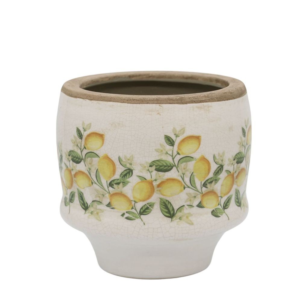 Béžový antik keramický květináč s citróny Limone Blossom - Ø 13*12 cm
