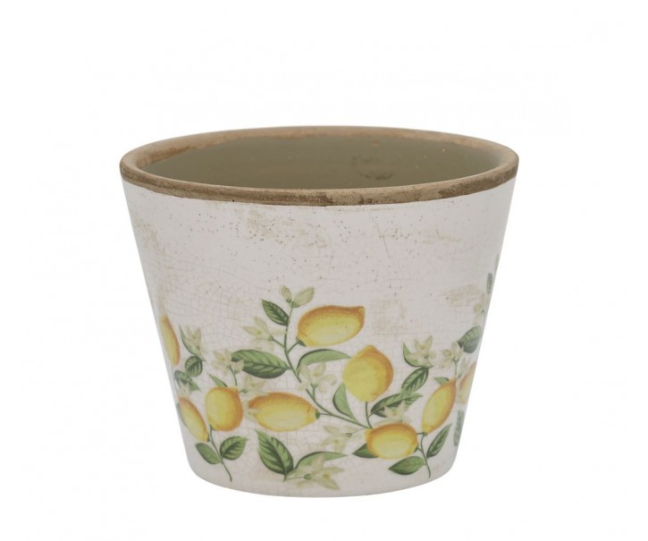Béžový antik keramický květináč s citróny Limone Blossom - Ø 13*10 cm Chic Antique