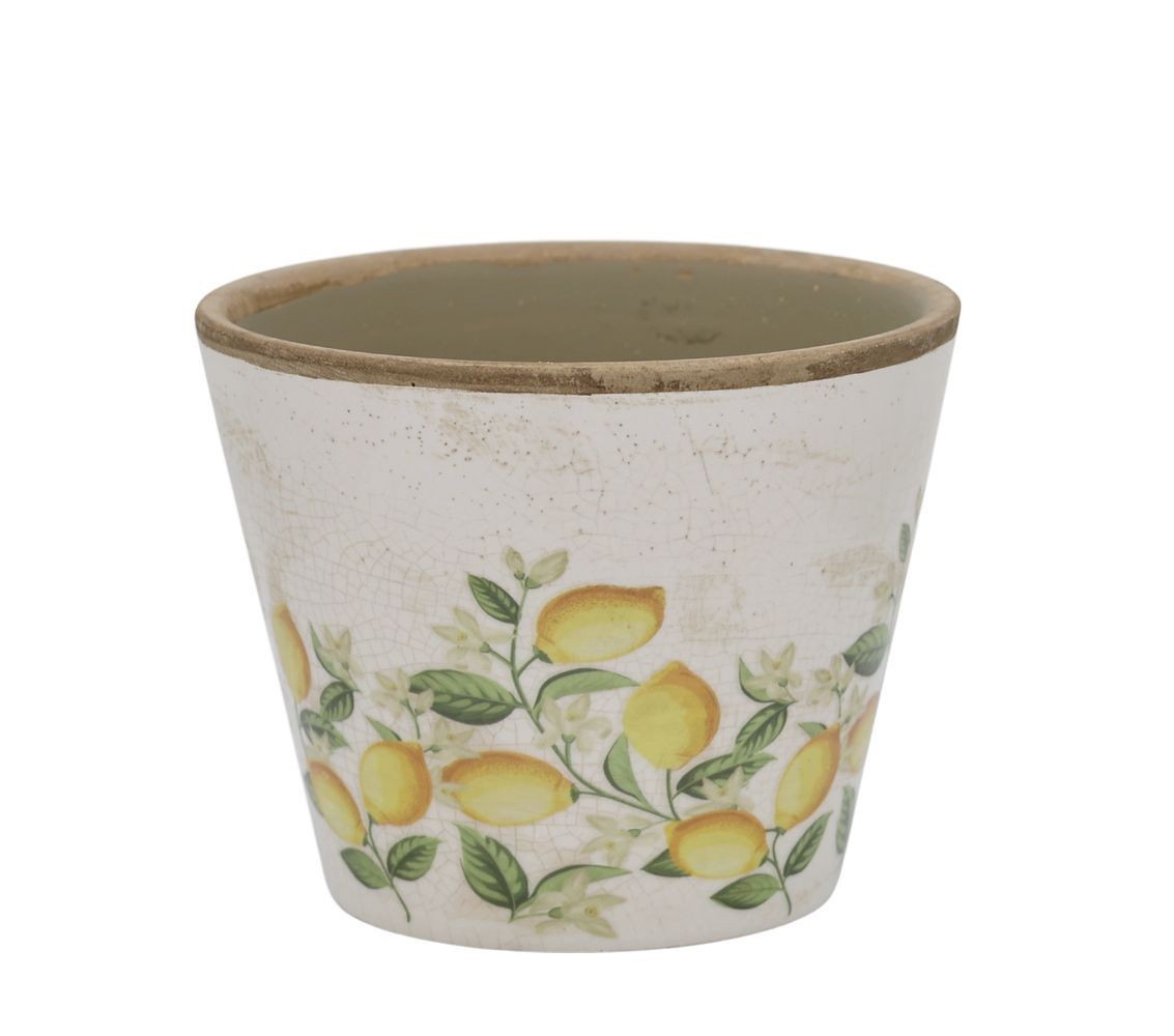 Béžový antik keramický květináč s citróny Limone Blossom - Ø 13*10 cm