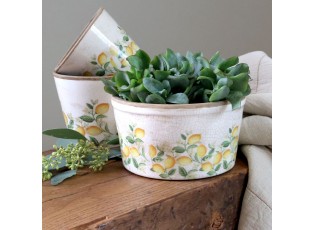 Béžový antik keramický květináč s citróny Limone Blossom - Ø 16*10 cm