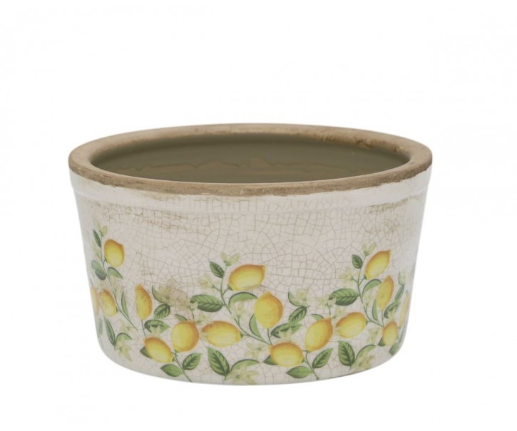 Béžový antik keramický květináč s citróny Limone Blossom - Ø 16*10 cm Chic Antique