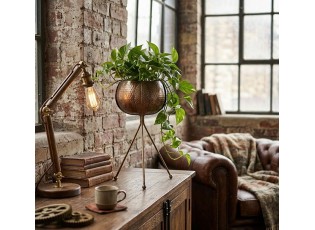 Měděný antik plechový obal na květináč na nožkách - Ø 22*35 cm