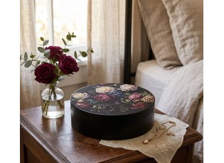 Kulatý černý dřevěný úložný box s vintage růžemi - Ø 25*7 cm