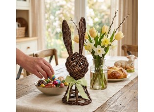 Hnědá proutěná dekorace zajíc s mašlí - 17*17*40 cm
