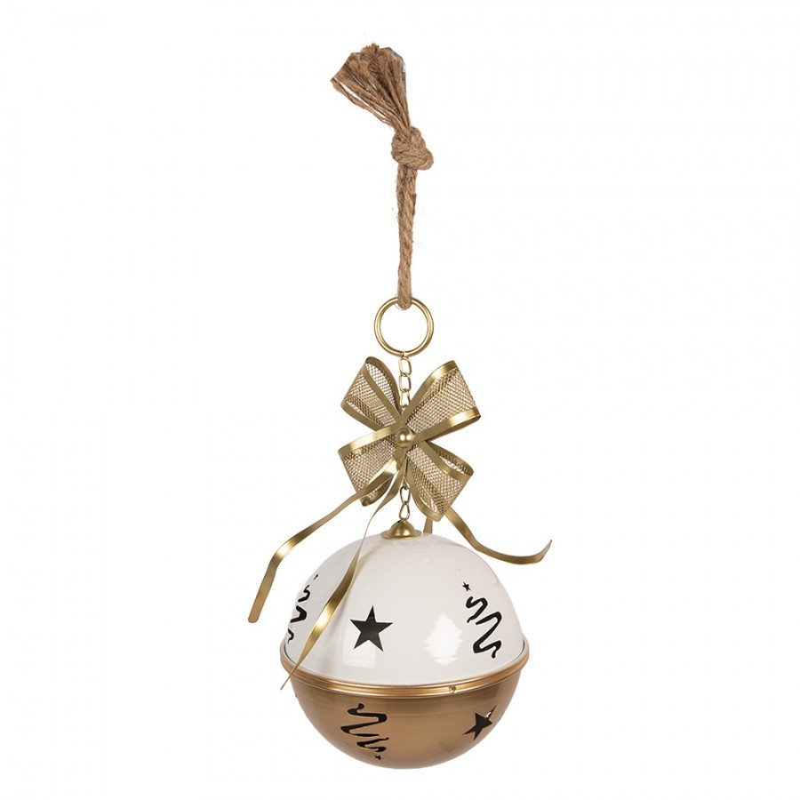 Bílo-zlatá vánoční dekorace kovová rolnička s mašlí - Ø 19*45 cm