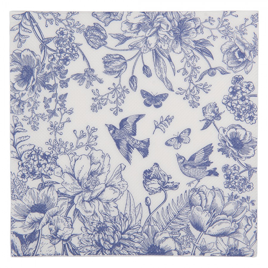 Levně Papírové ubrousky s modrými květy a ptáčky - 33*33 cm (20 ks) 73186