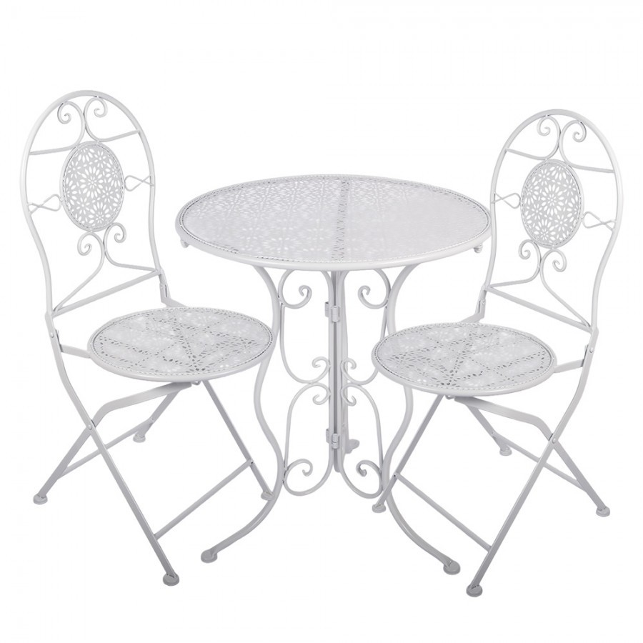 Bílý zahradní kovový Bistro set stůl a 2 židle - Ø 60*70 / 50*40*93 cm 