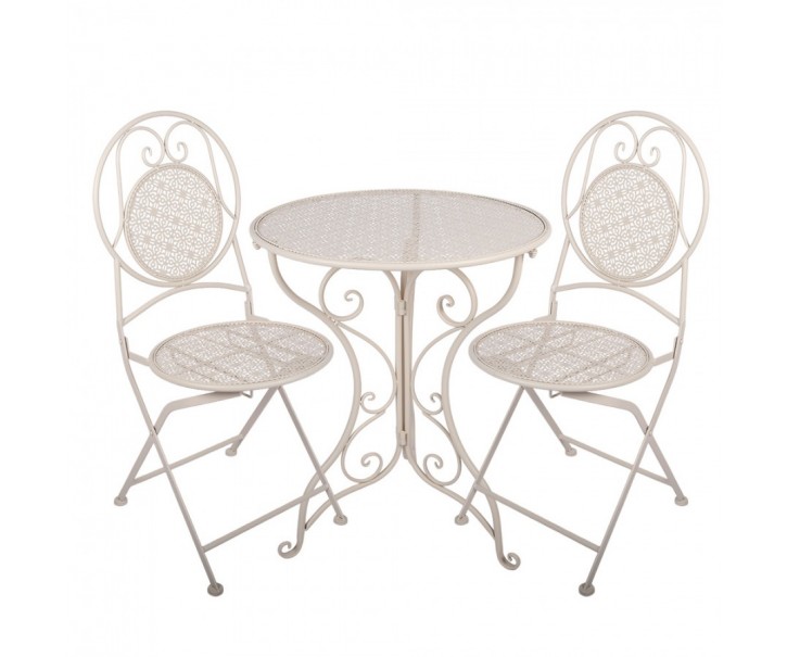 Béžový zahradní kovový Bistro set stůl a 2 židle - Ø 60*74 / 50*40*92 cm Clayre & Eef