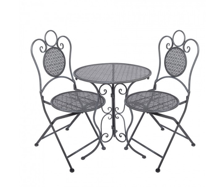 Šedý zahradní kovový Bistro set stůl a 2 židle - Ø 60*71 / 50*40*93 cm Clayre & Eef