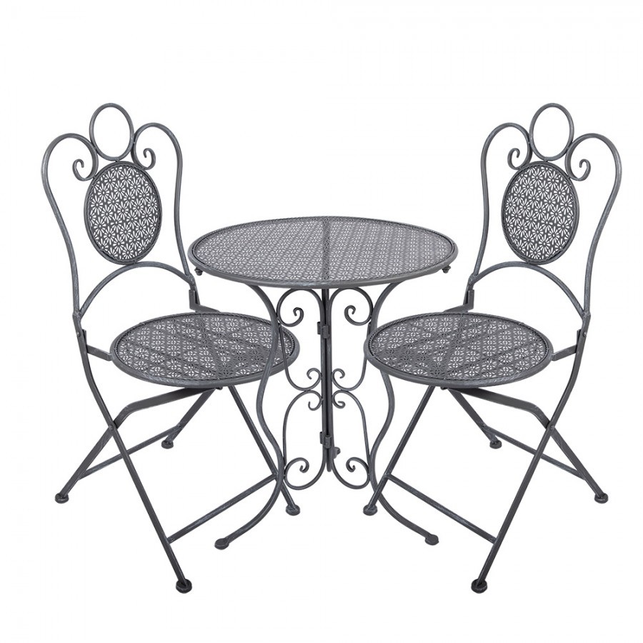 Šedý zahradní kovový Bistro set stůl a 2 židle - Ø 60*71 / 50*40*93 cm