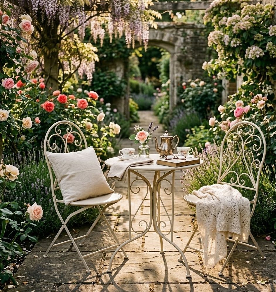 Béžový zahradní kovový Bistro set stůl a 2 židle - Ø 60*70 / 39*39*94 cm 