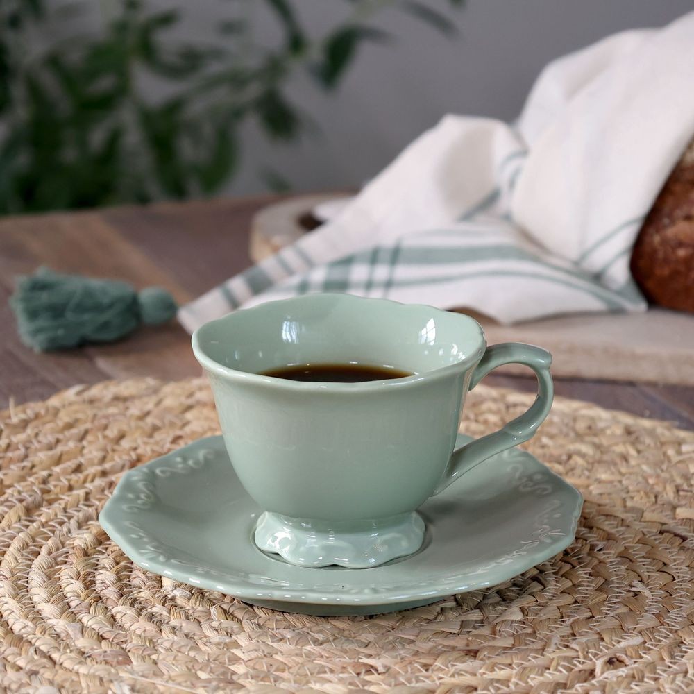 Zelený porcelánový šálek s podšálkem Provence lace verte - 9,5 cm / 180 ml
