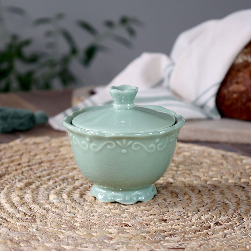 Zelená porcelánová cukřenka s krajkou Provence lace verte - Ø 10*9 cm / 190 ml