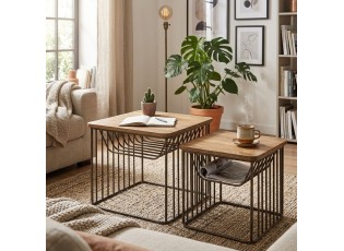 Granitový antik kovový odkládací stolek s dřevěnou deskou Sally - 53*53*44 / 42*42*38 cm