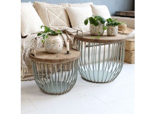 2ks zelený antik kovový coffee stolek s dřevěnou deskou Charlotte - Ø 57*48 cm