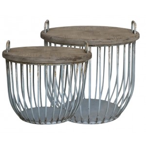 2ks zelený antik kovový coffee stolek s dřevěnou deskou Charlotte - Ø 57*48 cm