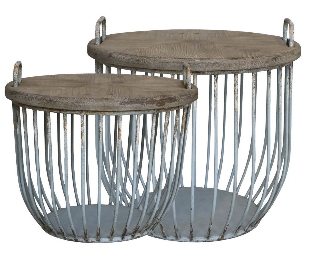 2ks zelený antik kovový coffee stolek s dřevěnou deskou Charlotte - Ø 57*48 cm