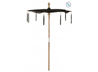 Černý slunečník s dřevěnou tyčí a střapci Lorie Wood - ∅ 140*250 cm