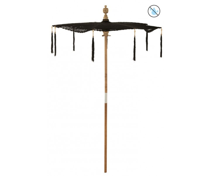 Černý slunečník s dřevěnou tyčí a střapci Lorie Wood - ∅ 140*250 cm J-Line by Jolipa
